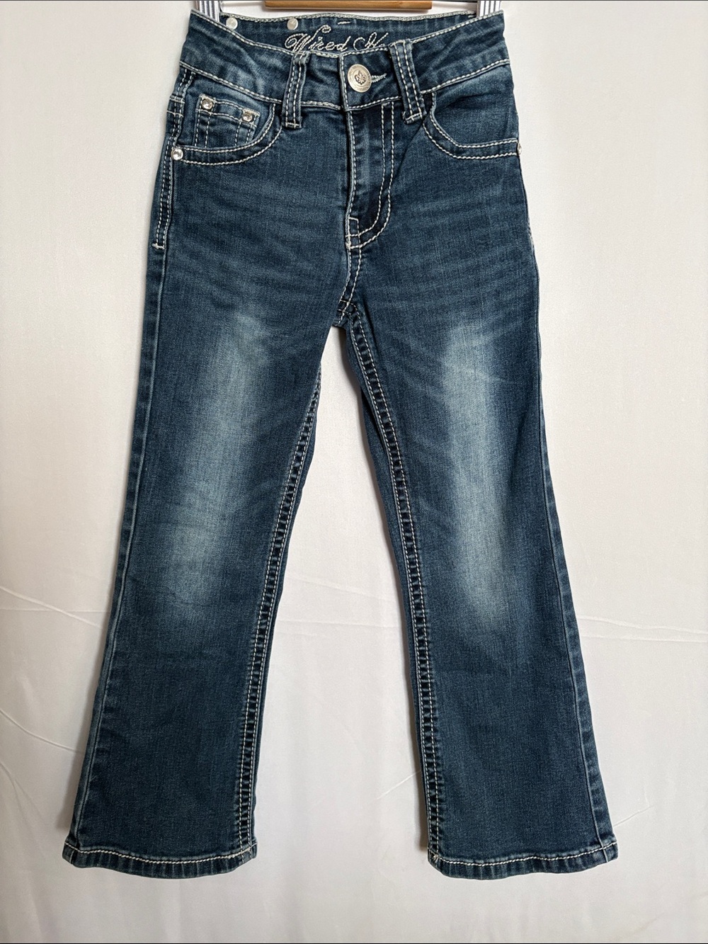 Girls Wired Heart Flare Jeans Mid bl/ wash Contrast Stitching and Embellished.
